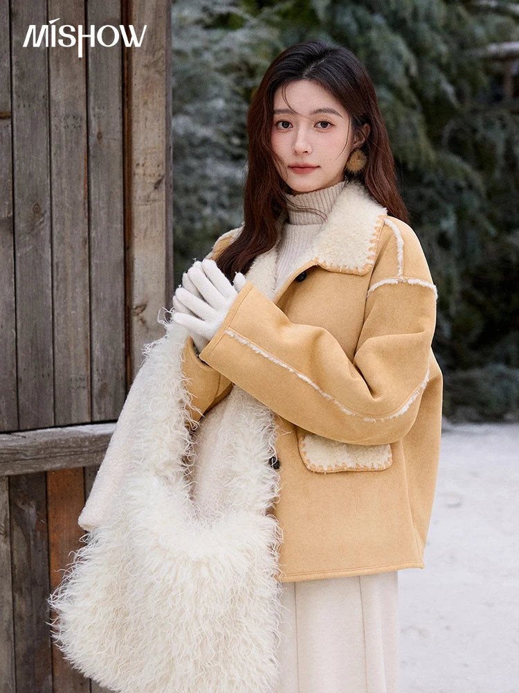 MISHOW Yellow Fur Suede Jacket Lapel Loose Warm MXE92W1016