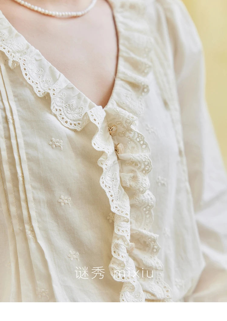 MISHOW V-Neck Long Sleeve Blouse Solid Loose Fold Detail MXE14X1732