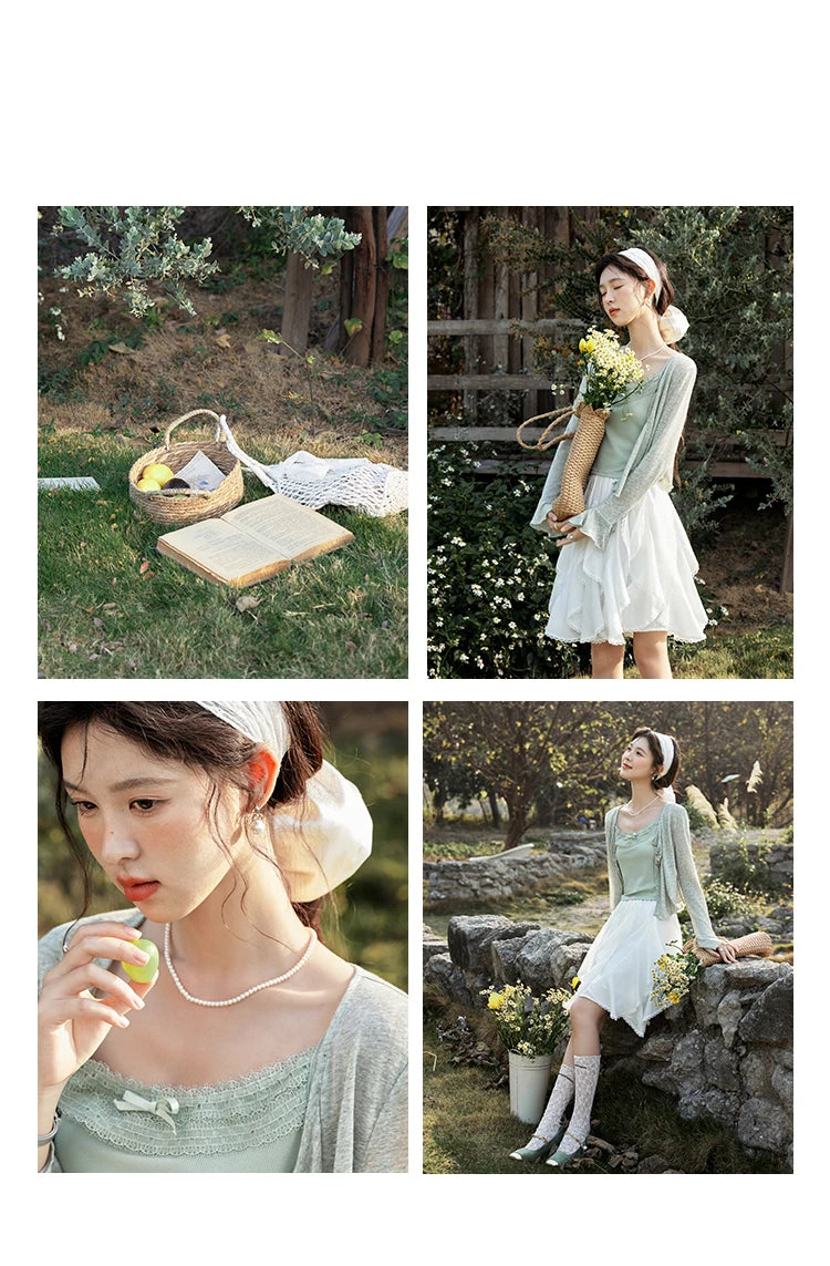 Mishow Light Green Lace Bow Camisole & Cardigan Set MXE15T0504