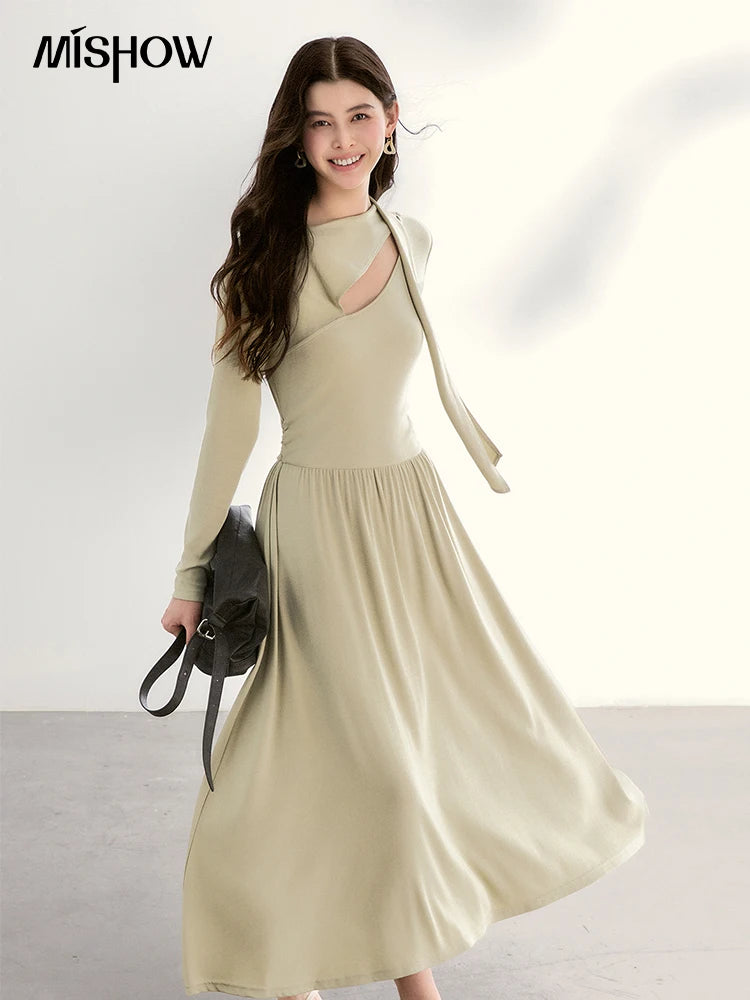 Mishow Light Green Cutout Neck Hollow Ribbon Dress MXF13L2556