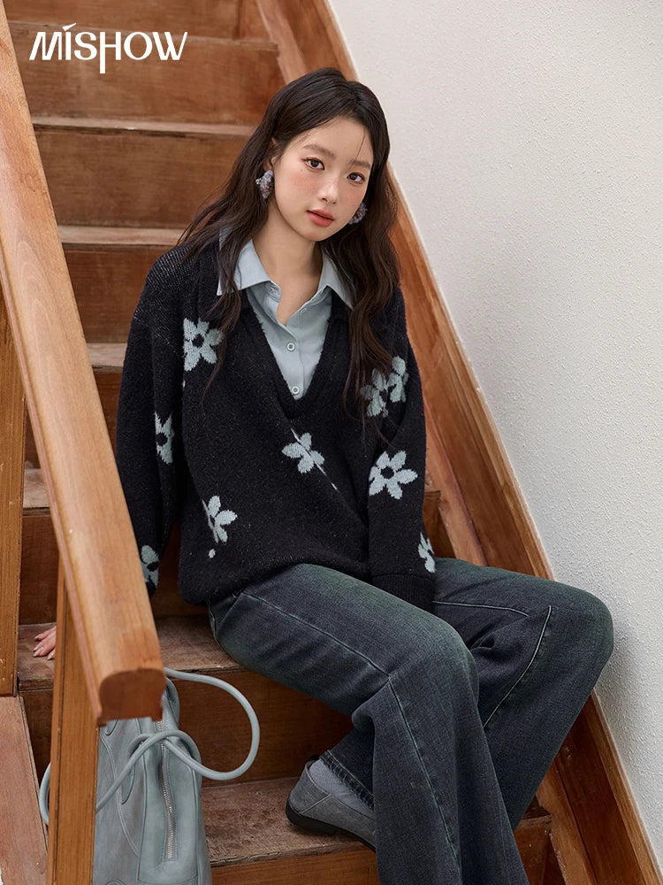 Mishow Dark Blue Fake Two-Piece Turn-Down Collar Sweater MXE51Z2554