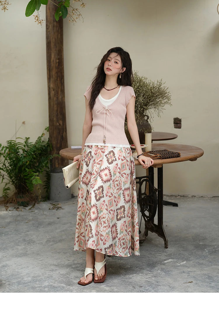 Mishow Round Neck Patchwork Flying Sleeve Lace Up Top MXE37Z1278