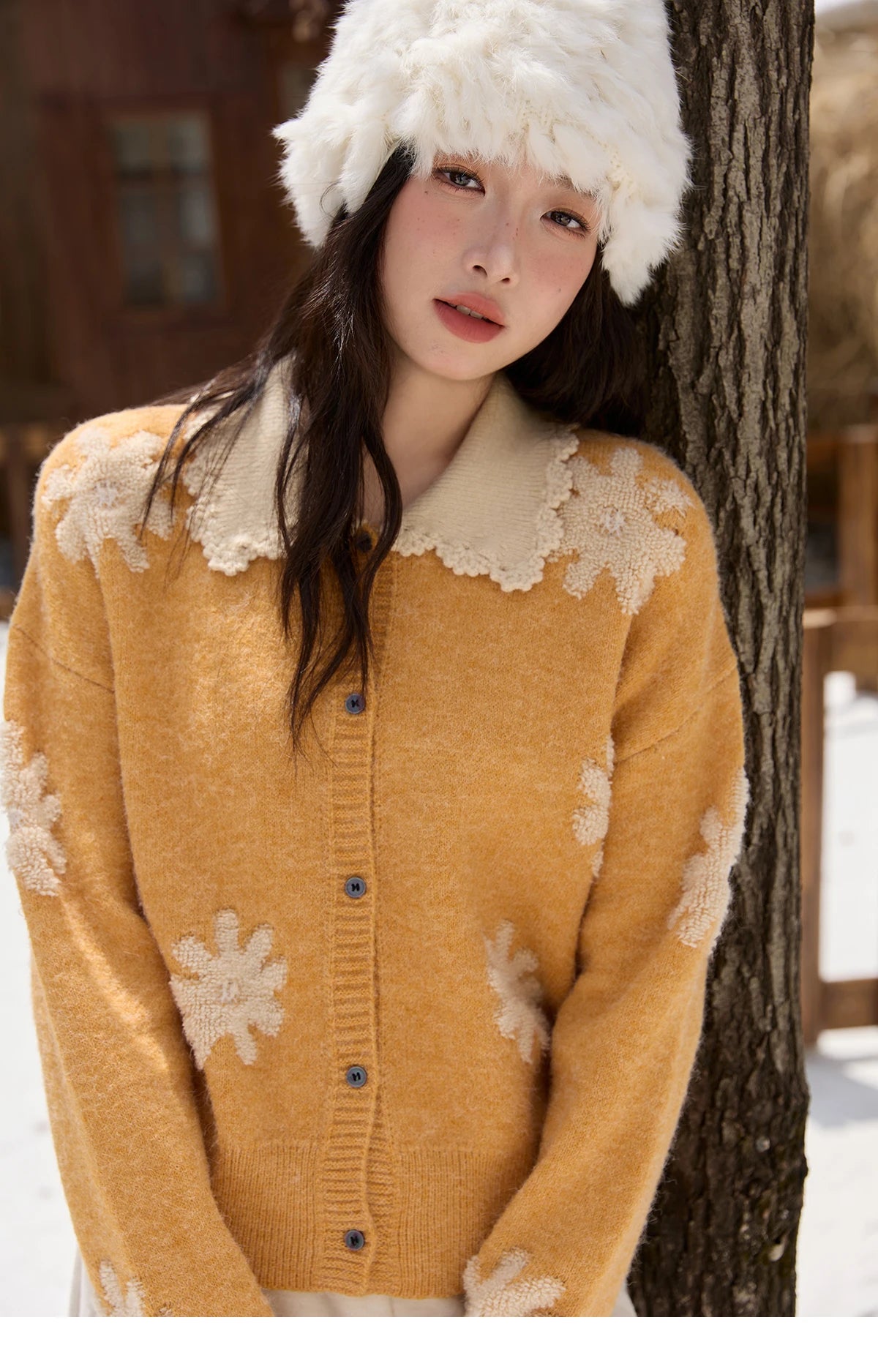 Mishow Yellow Retro Jacquard Turn-Down Collar Cardigan MXE88Z2691