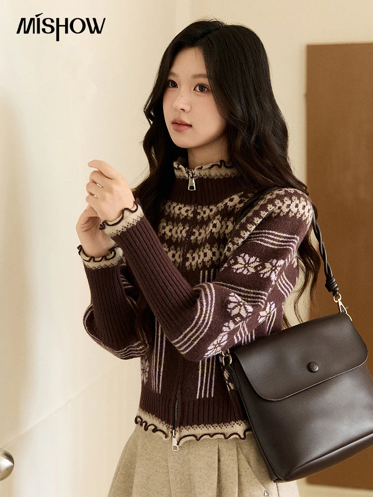 Mishow Brown Fair Isle Lantern Sleeve Zipper Top MXE91Z2868