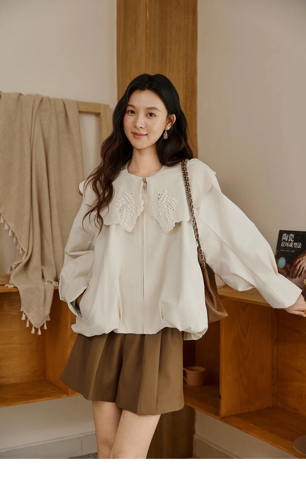 MISHOW Wheat Sprout Embroidery Coat Doll Collar Hem Folded Zipper MXE45W0860