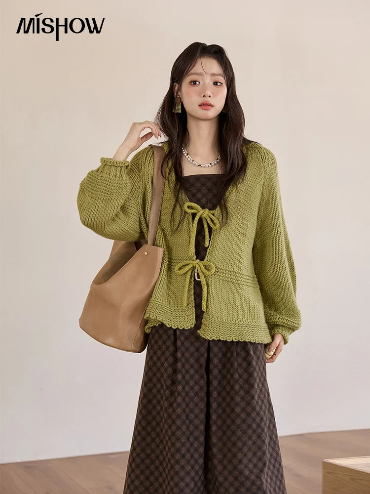 Mishow Avocado Green Lantern Sleeve Lace-Up Cardigan MXE51Z2694
