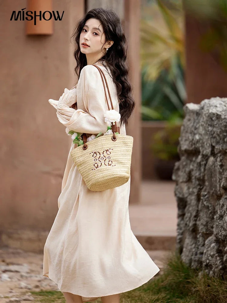 Mishow Pink Fungus Edge V-Neck Lace-Up Dress MXE11L2087