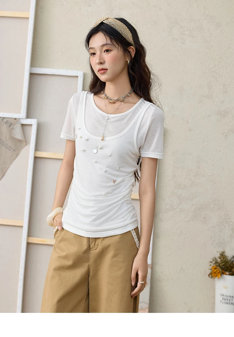 Mishow White Fake Two-Piece Bead Tee MXE35T0566