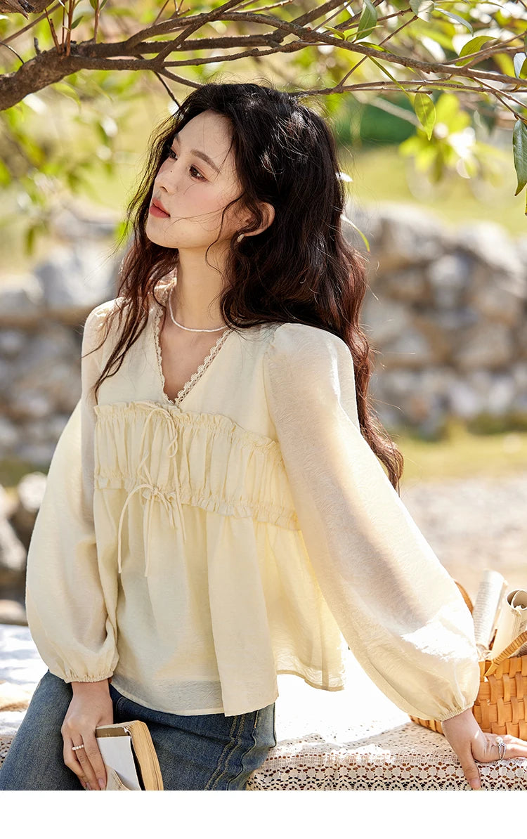 MISHOW Jacquard Lace V-Neck Blouse Ruffled Wavy Puff Sleeve MXE12C0397
