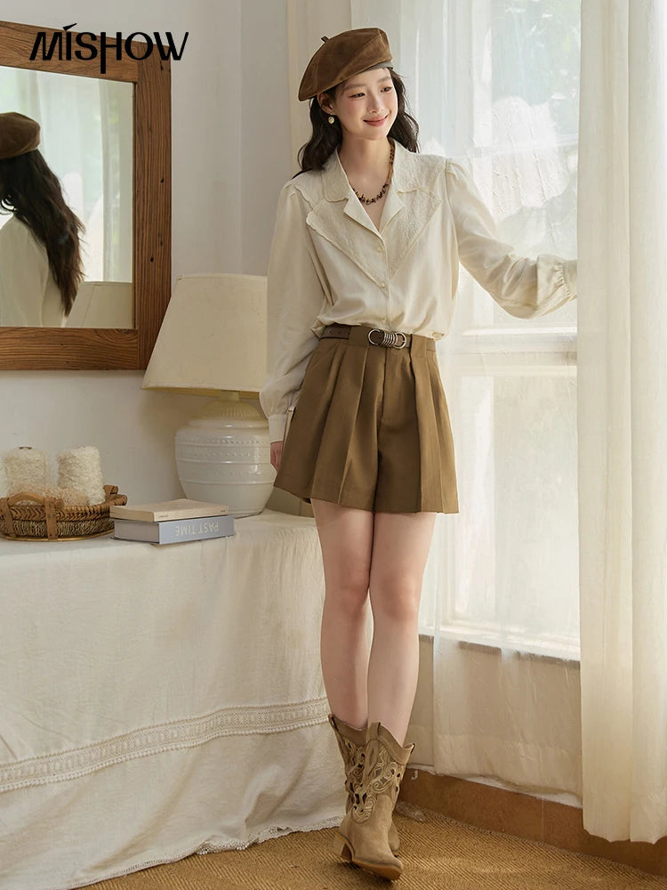 MISHOW Apricot Retro Lace V-Neck Blouse MXE45X2486