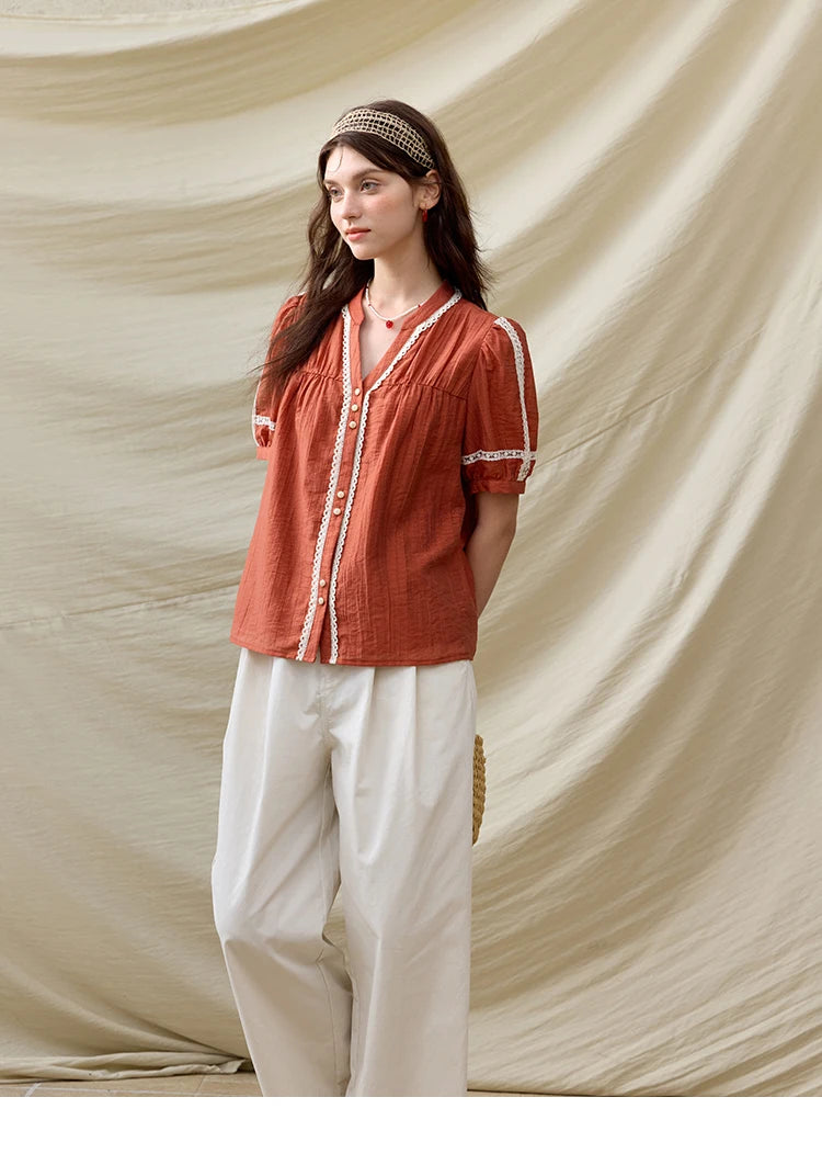 MISHOW French Blouse Women V-Neck Short Sleeve Color Matching Shirt MXE31X1766
