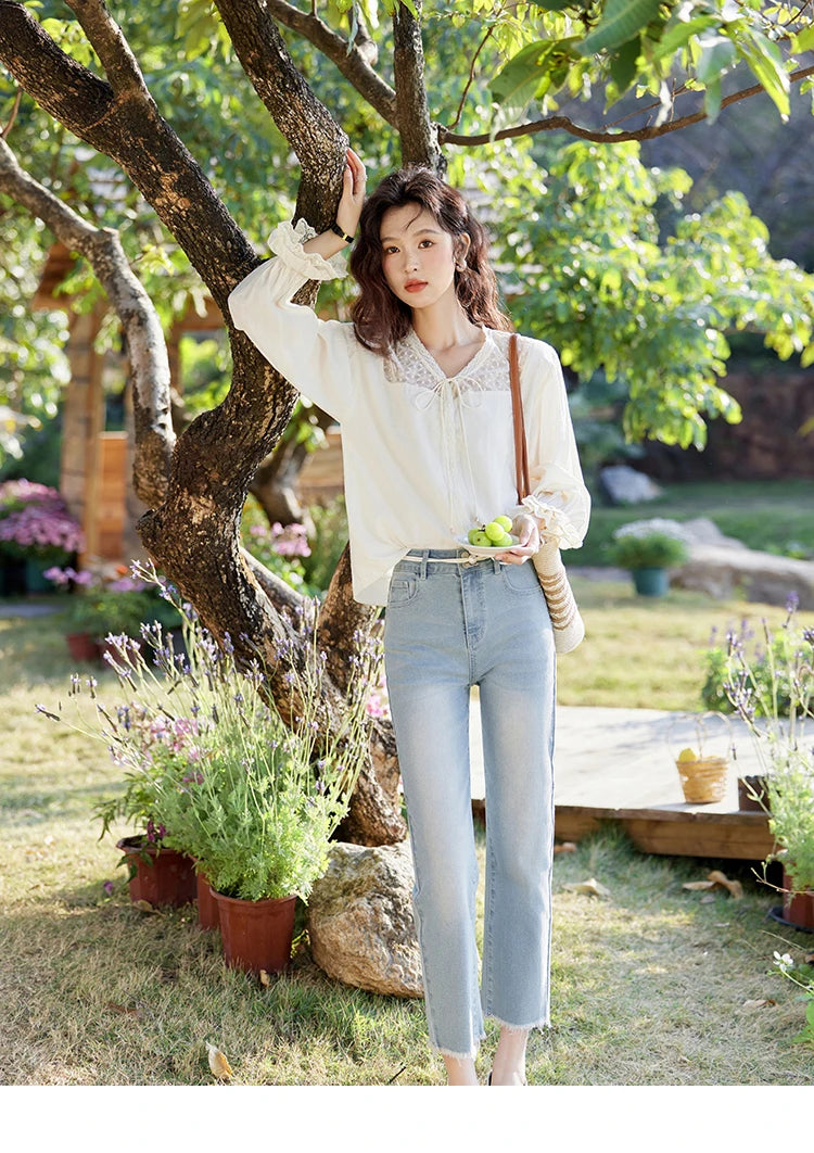 MISHOW Lace Patchwork Shirt V-Neck Fungus Edge Petal Sleeve MXE13X1713