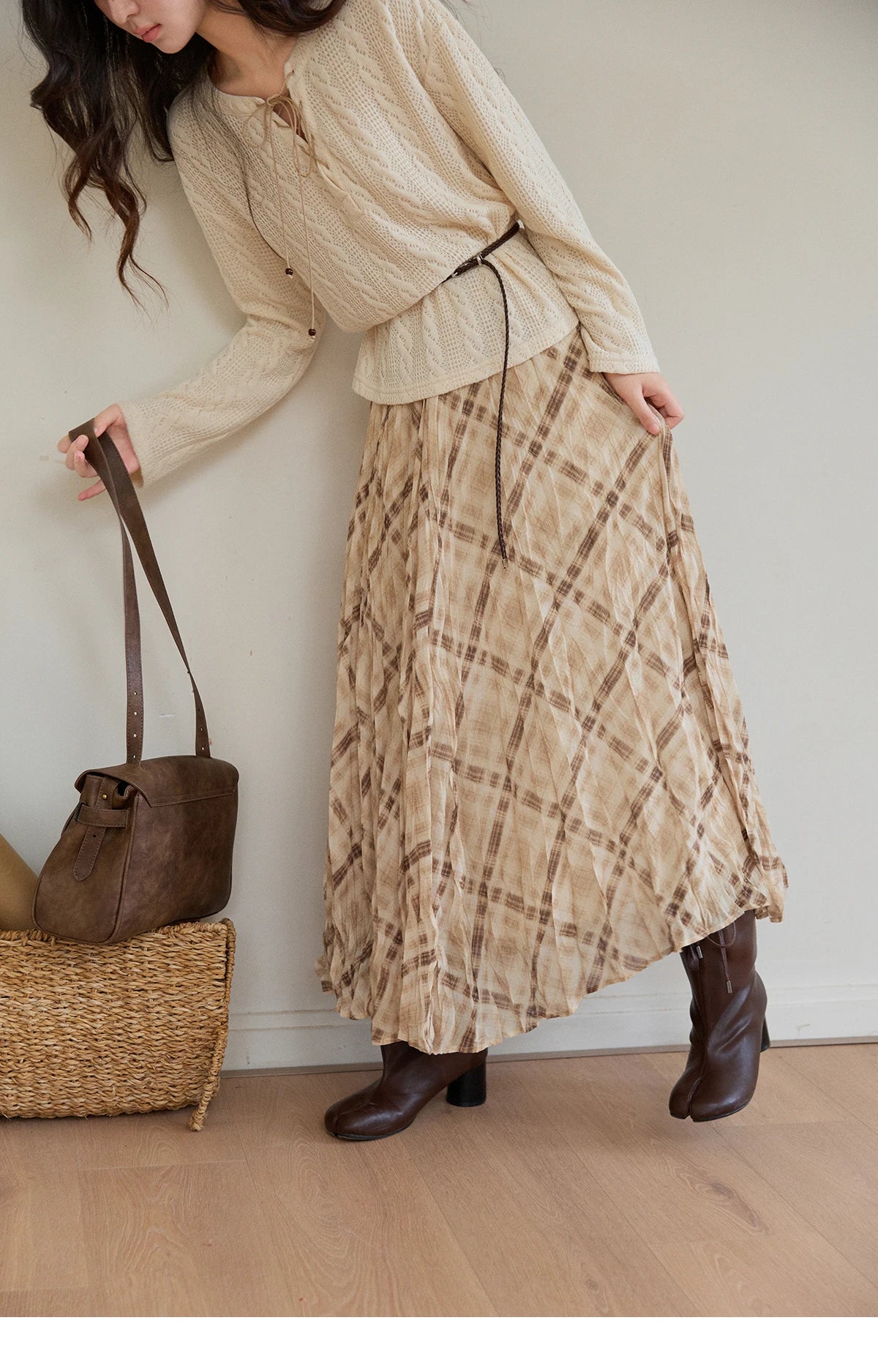 Mishow Beige V-Neck Lace-Up Cable Knit Sweater MXF108Z1029