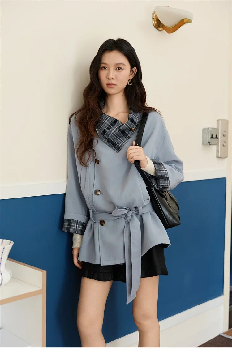 Mishow Blue Plaid Two-Sided Trench Coat MXE48W0871