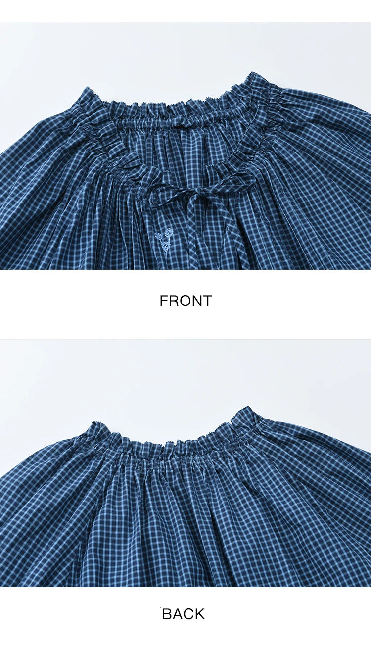 MISHOW Blue Plaid Embroidered Shirt Black Fungus Edge Collar MXE44X2467