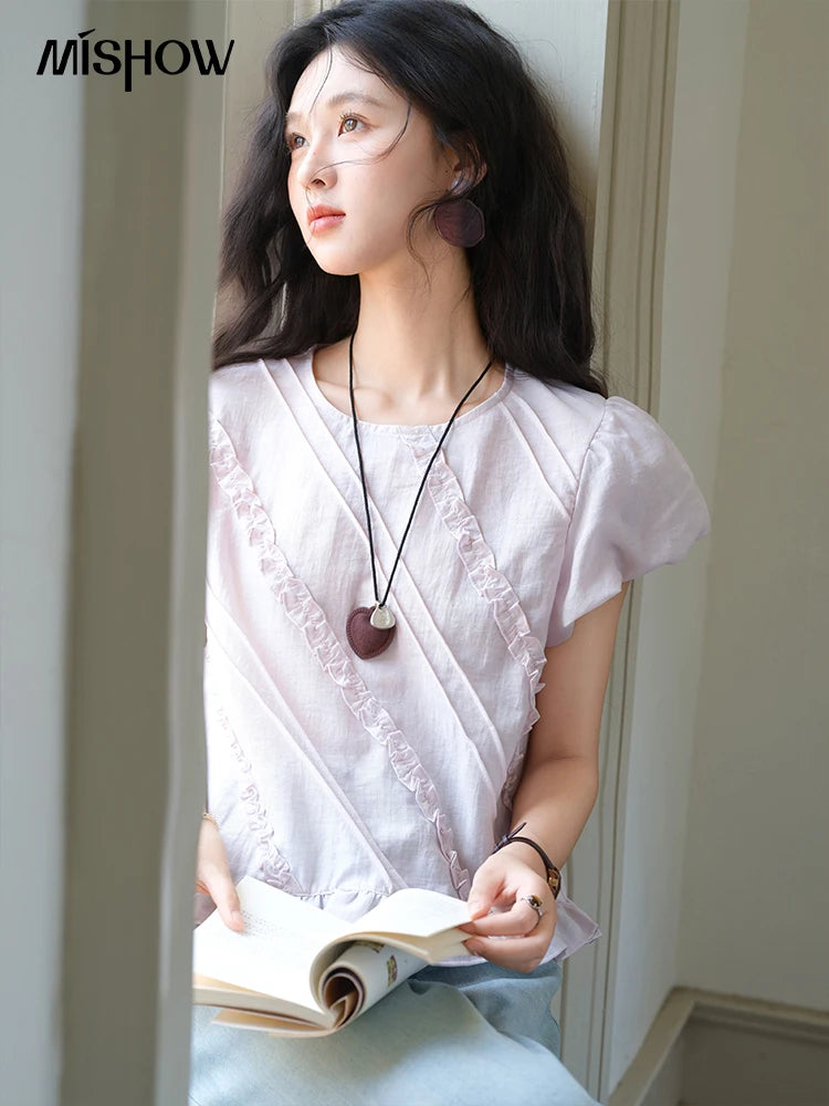 MISHOW Fungus Edge Puff Sleeve Blouse O-Neck Loose MXE39X1941