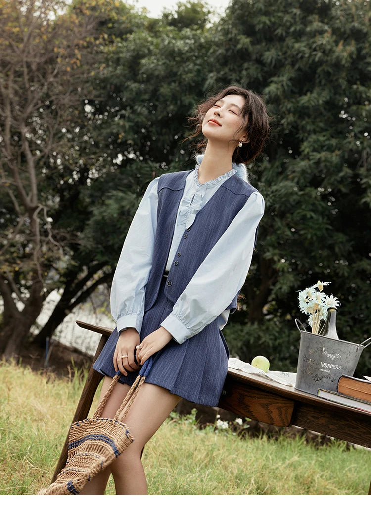 Mishow V-Neck Vest Coat & Pleated A-Line Skirt Set MXE31T0505
