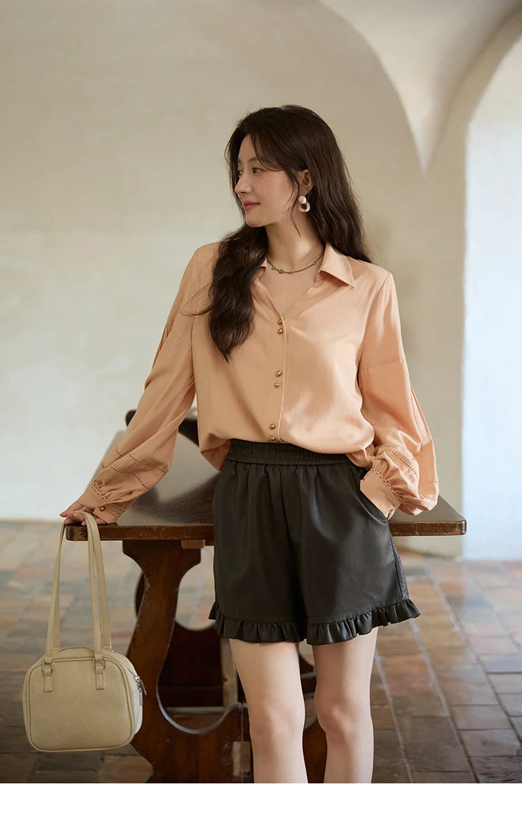 Mishow PU Leather High Waist Ruffle Hem Shorts MXE42K1068