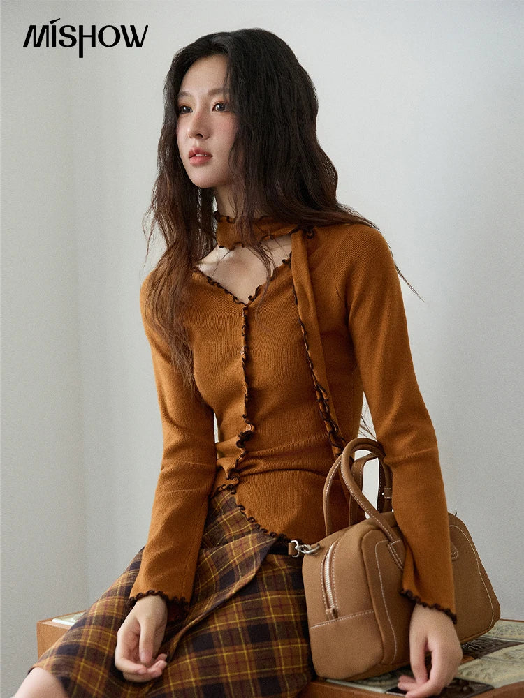 Mishow Ruffled Edge V-Neck Ribbon Knit Pullover MXE86Z2728