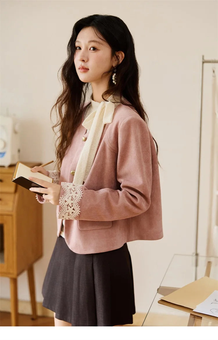 MISHOW Fragrant Suede Jacket Cuffs Hollowed Out Lace Metal Button MXE46W0839