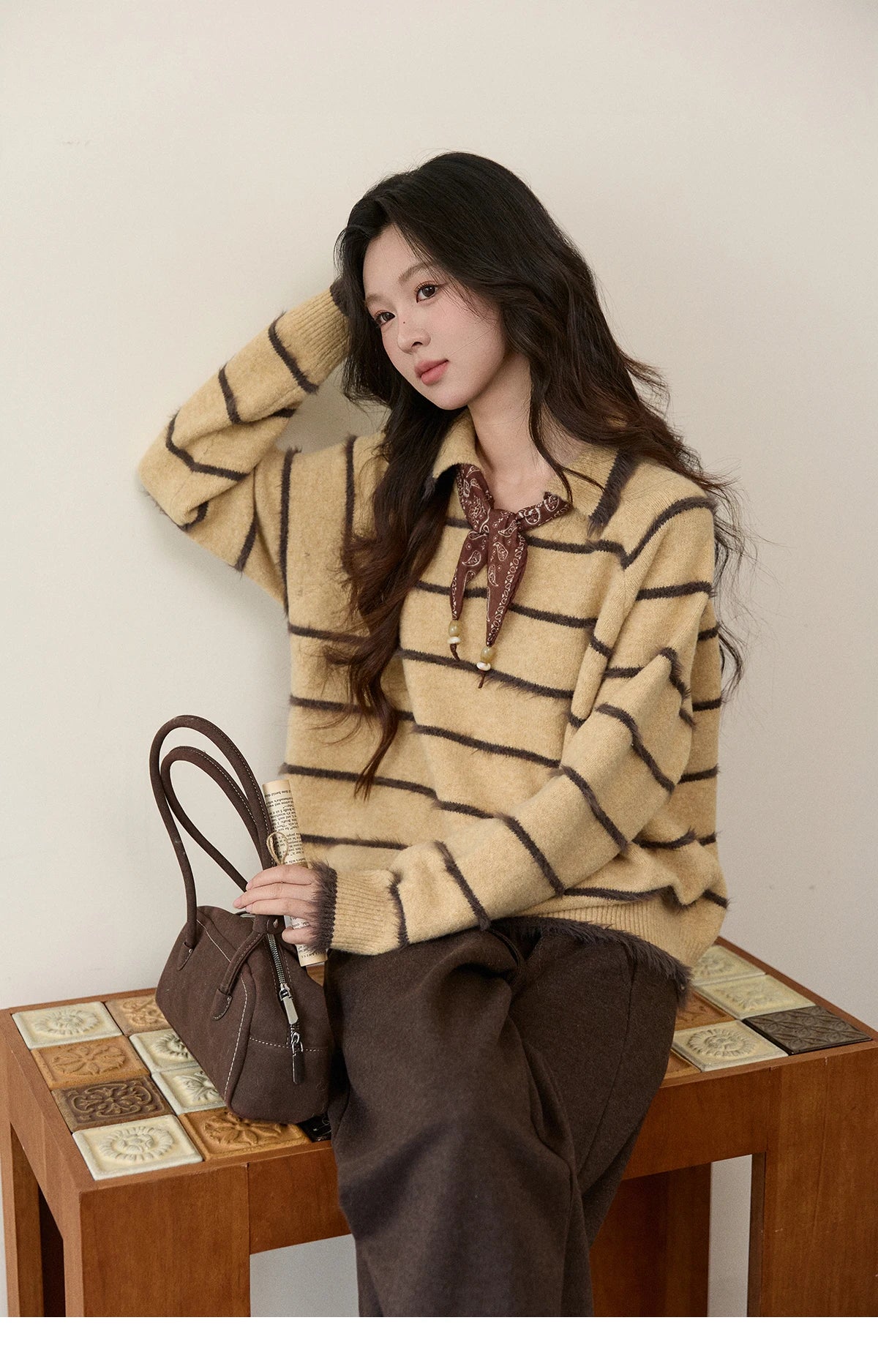 Mishow Faux Mink Fur Striped Lapel Tassel Sweater MXE93Z2945