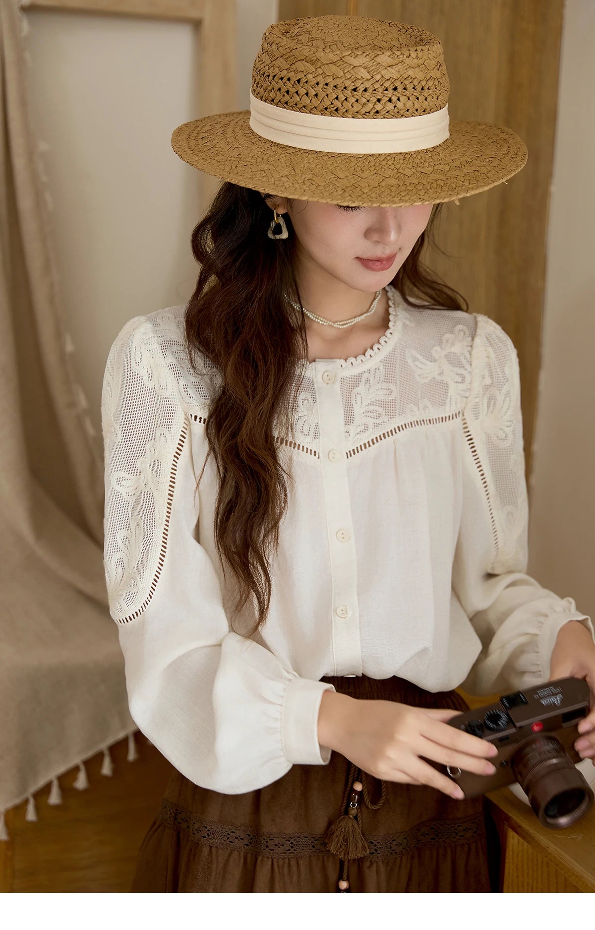 MISHOW Beige Hollow Out Embroidery Shirt O-Neck MXE44X2498