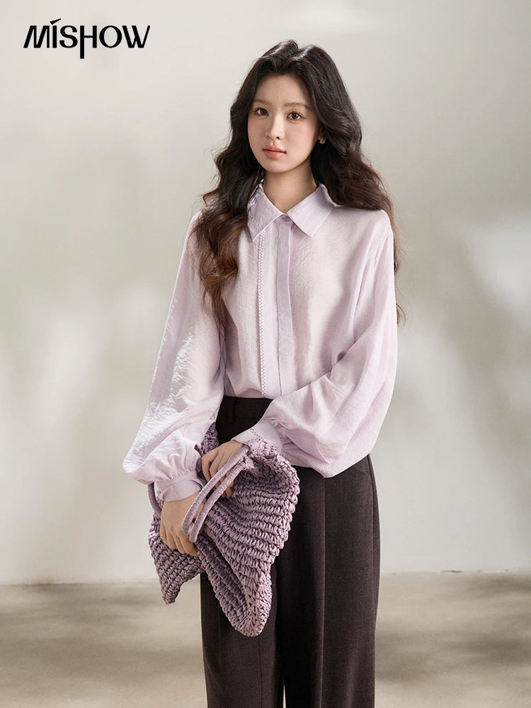MISHOW Lapel Lantern Sleeve Shirt Lace Trim Loose MXF13C2436