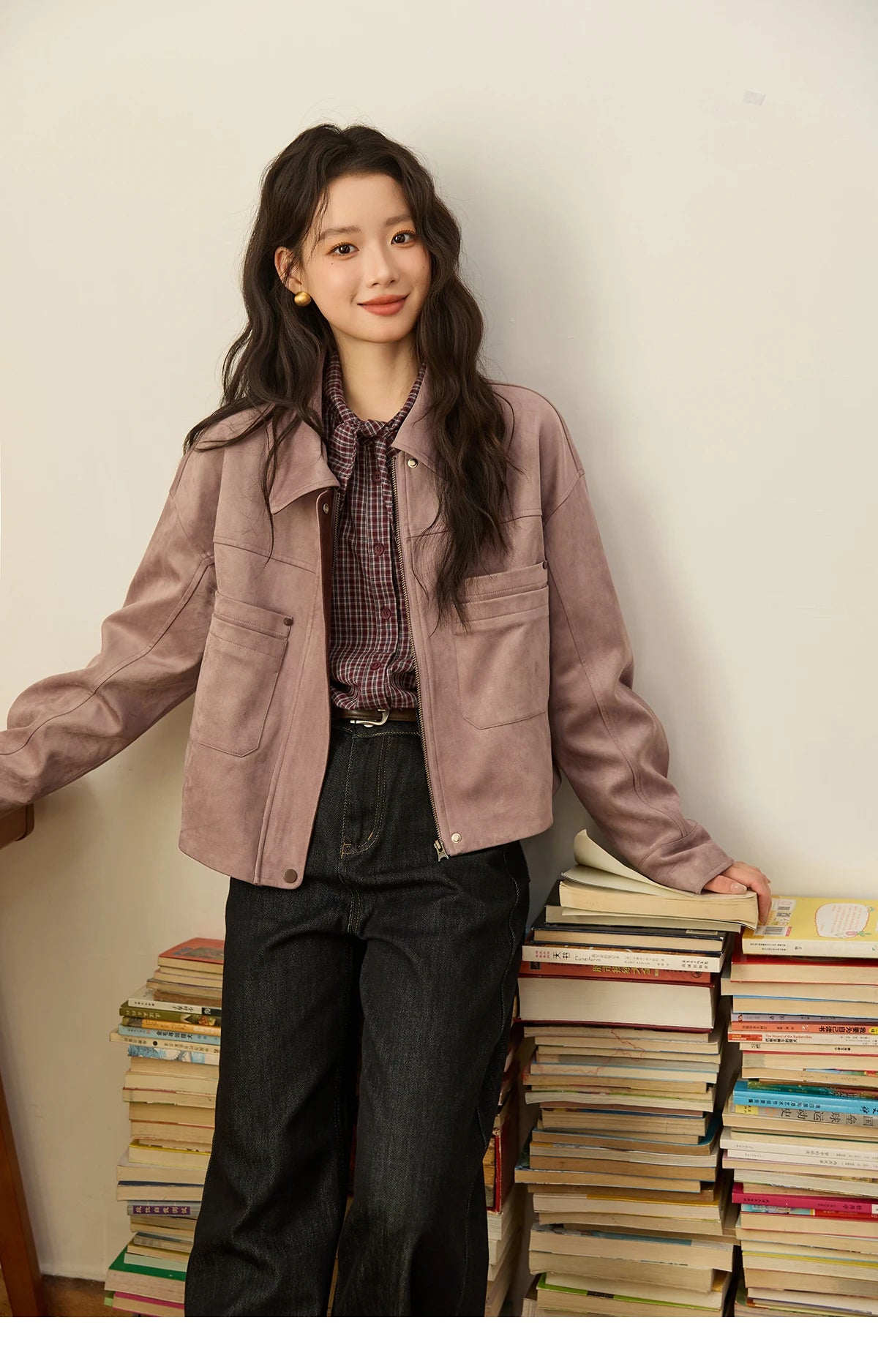 MISHOW Taro Purple Leather Jacket Contrast Splicing Double-Layer Pocket MXE44W0816