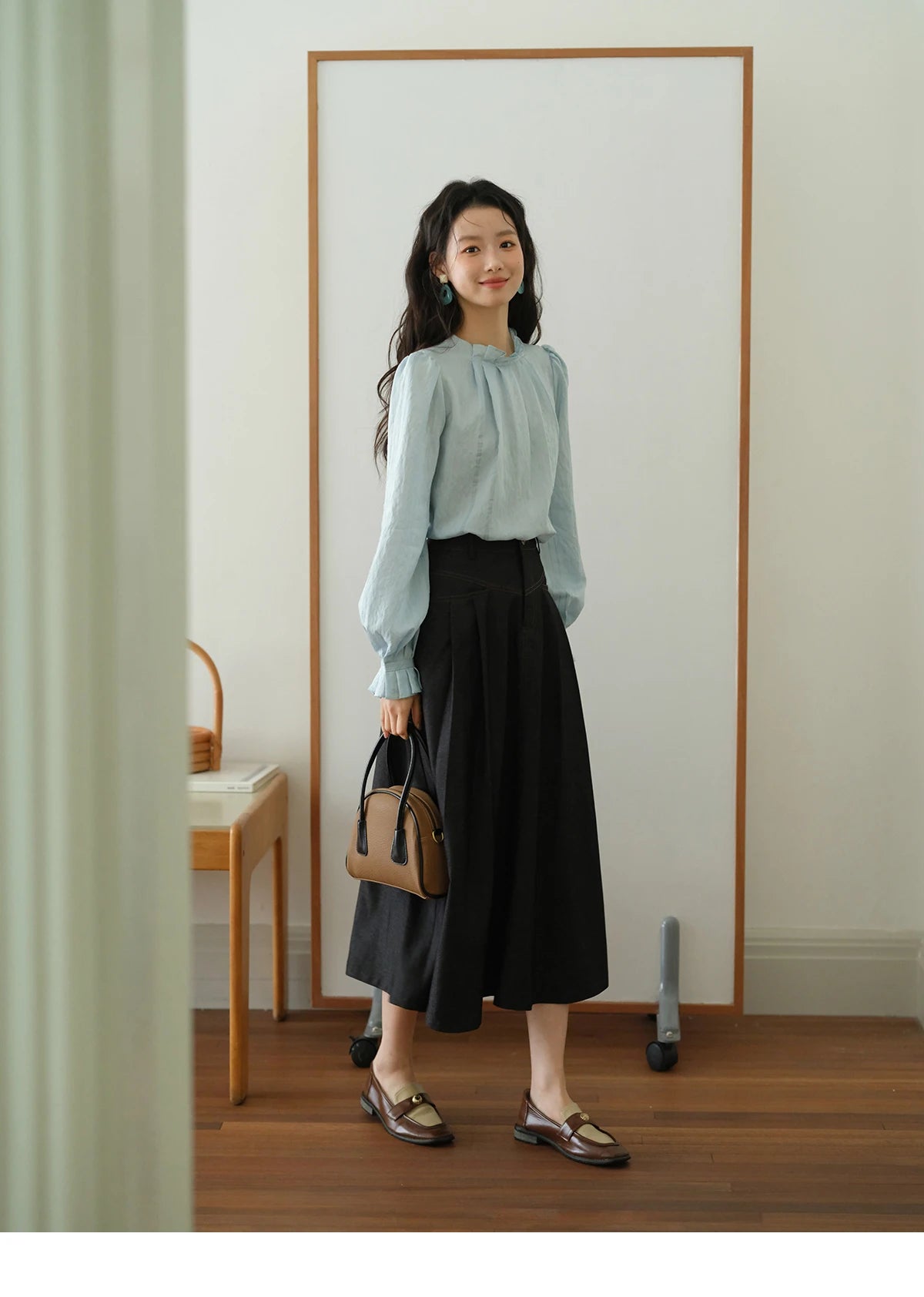 MISHOW Blue Jacquard Blouse Stand Collar Bubble Sleeves MXE41X1934
