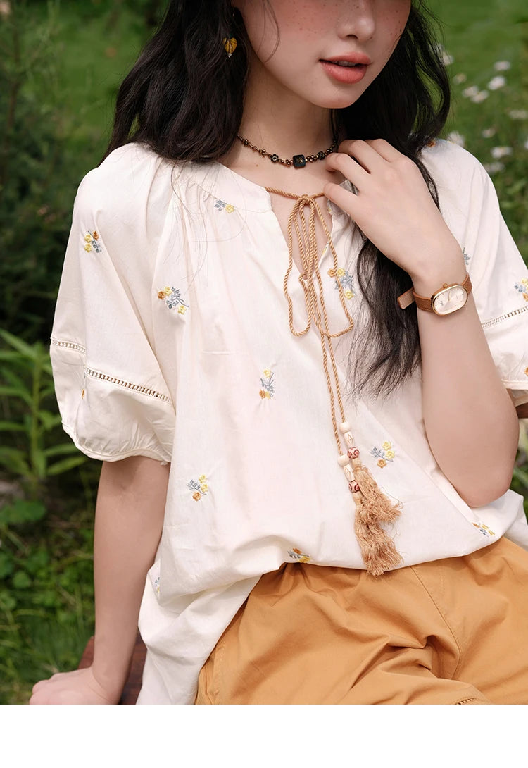 Mishow Puff Sleeve Lace-Up Top & Elastic Waist Shorts Set MXE38T0684