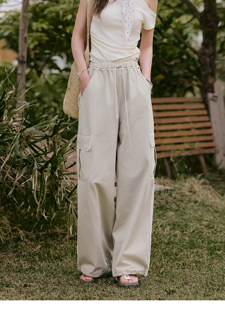 MISHOW Apricot Cargo Pants Lace Patchwork Drawstring Elastic MXE33K0935