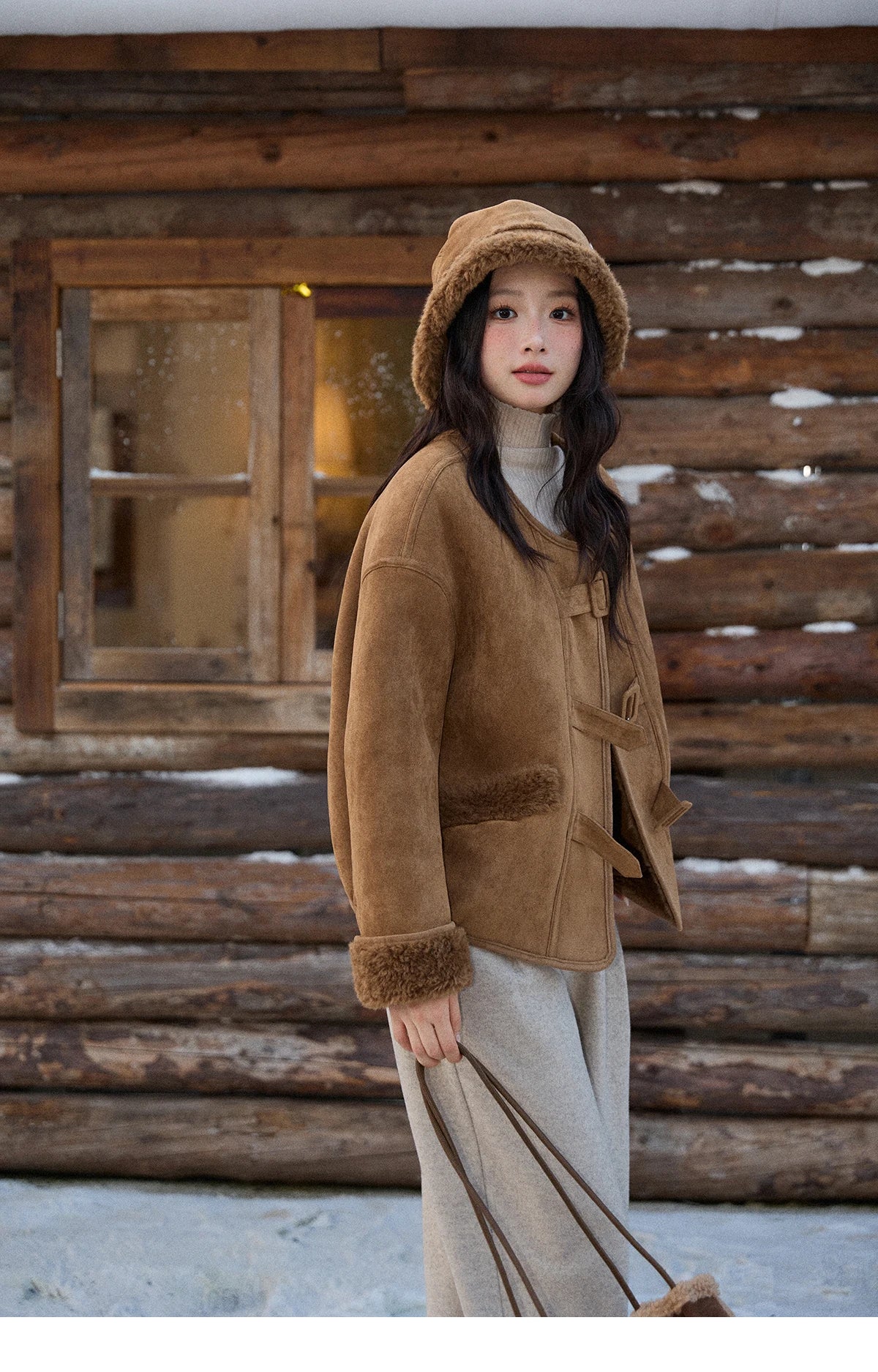 MISHOW Brown Round Neck Coat Button Pockets Loose Windproof MXE90W0994