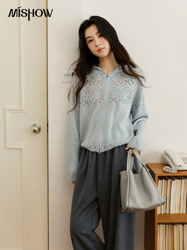 Mishow Blue Hooded Hollow Knit Zipper Cardigan MXE46Z2584
