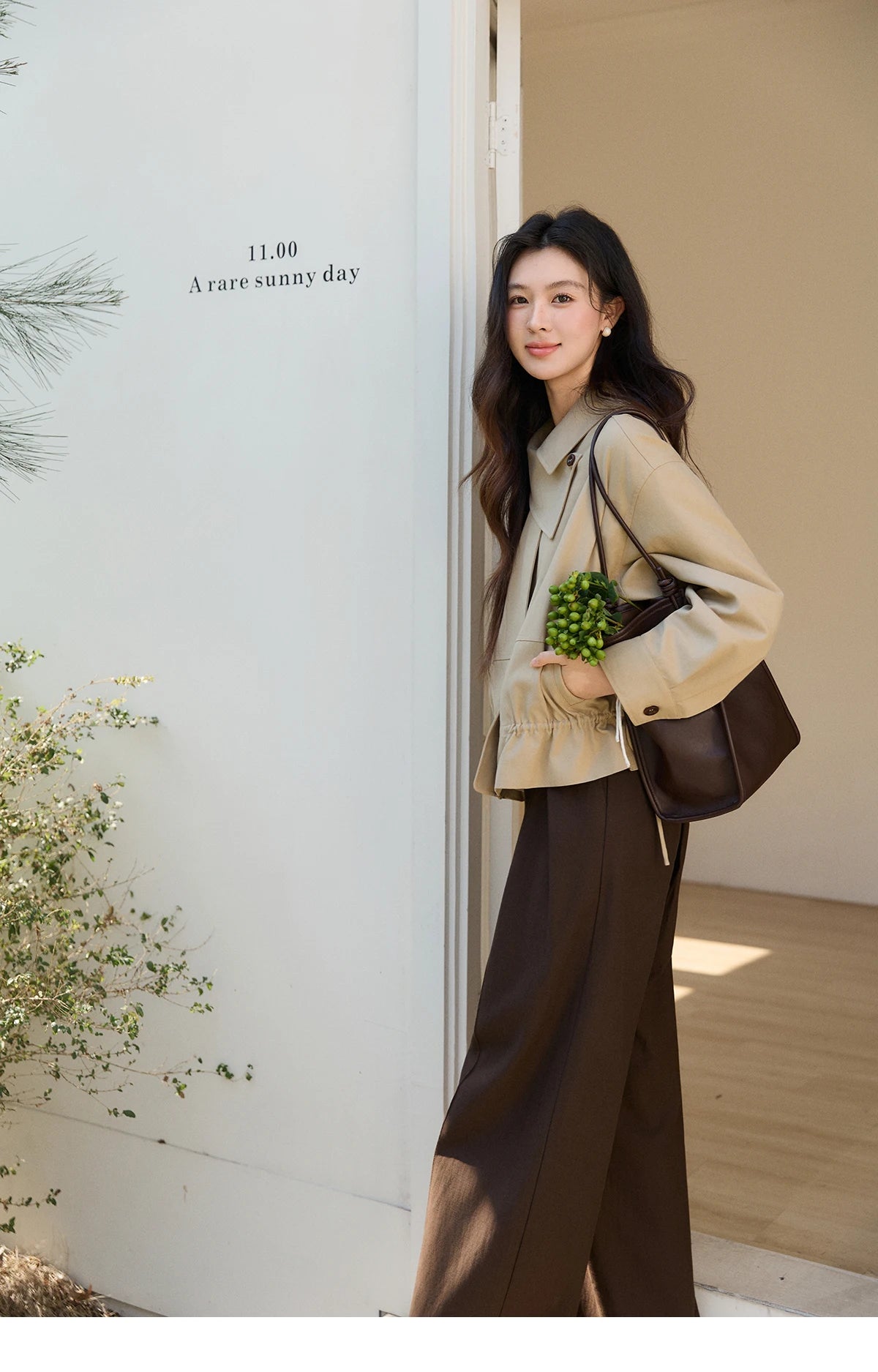 MISHOW Khaki Cropped Jacket Asymmetrical Collar Drawstring Waist MXF11W1029