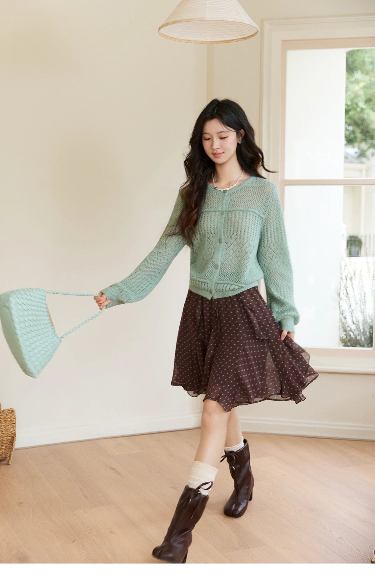 Mishow Brown Polka Dot Ruffled Chiffon Mini Skirt MXF13B2476