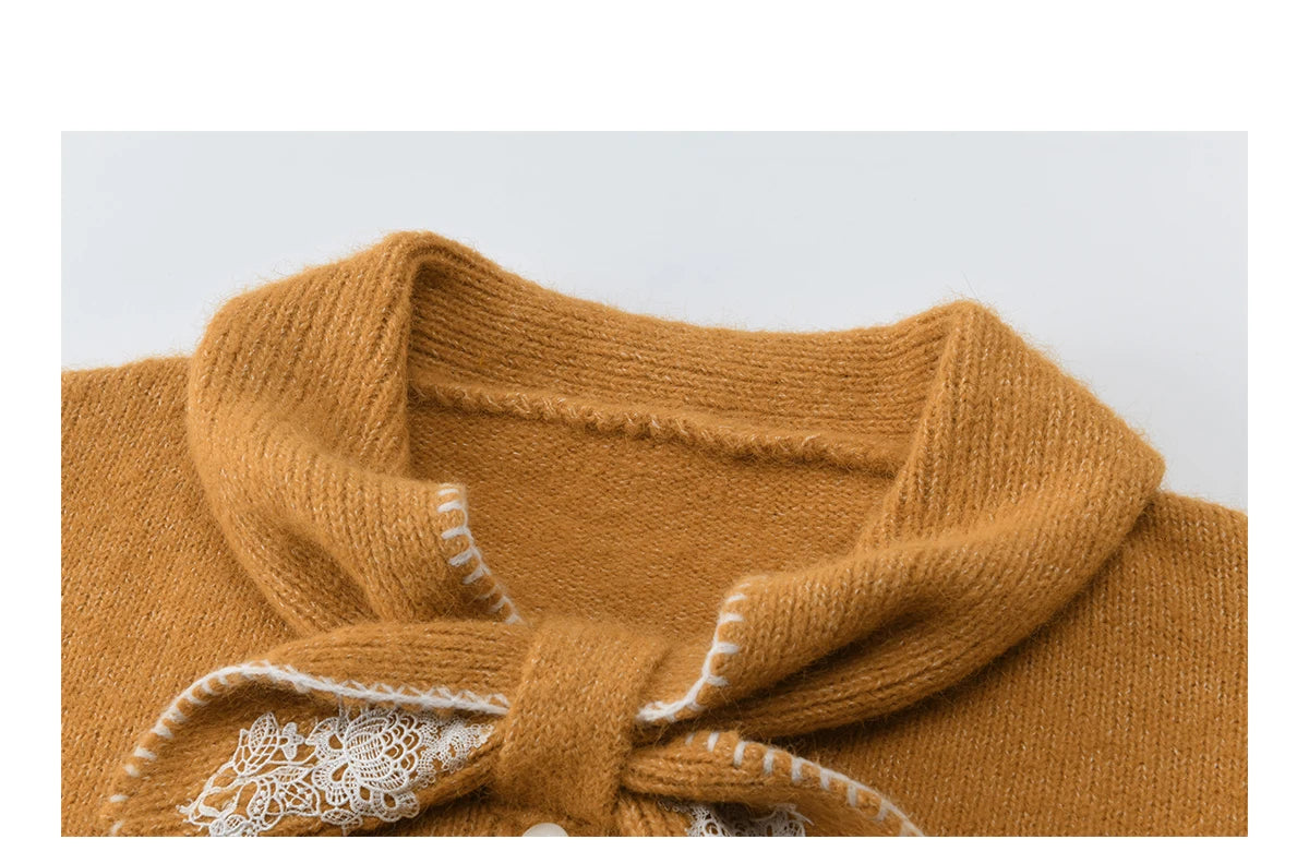 Mishow Yellow Bow Collar Lace Splicing Sweater MXE94Z2971