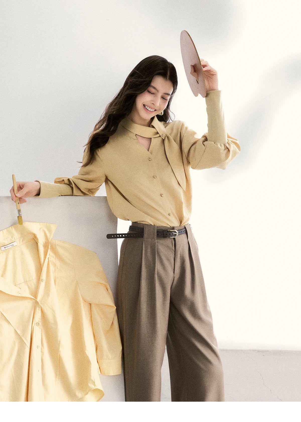 MISHOW Women's Tie Neck Shirt Hollow Out Knitted Patchwork Puff Sleeve MXF108C0812