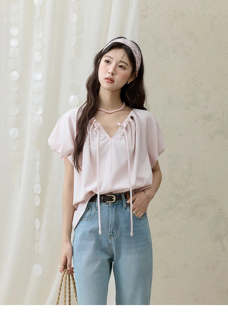 MISHOW V-Neck Puff Sleeve Blouse Beaded Retro Top MXE33X1757
