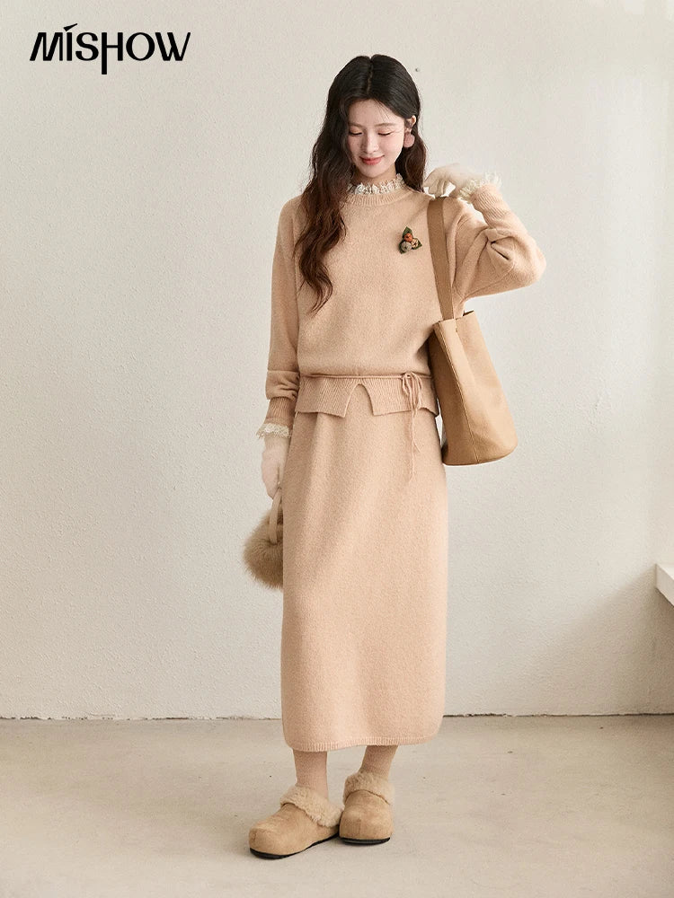Mishow Lace Trim Knit Sweater & Back Split Midi Skirt Set MXE92T1450