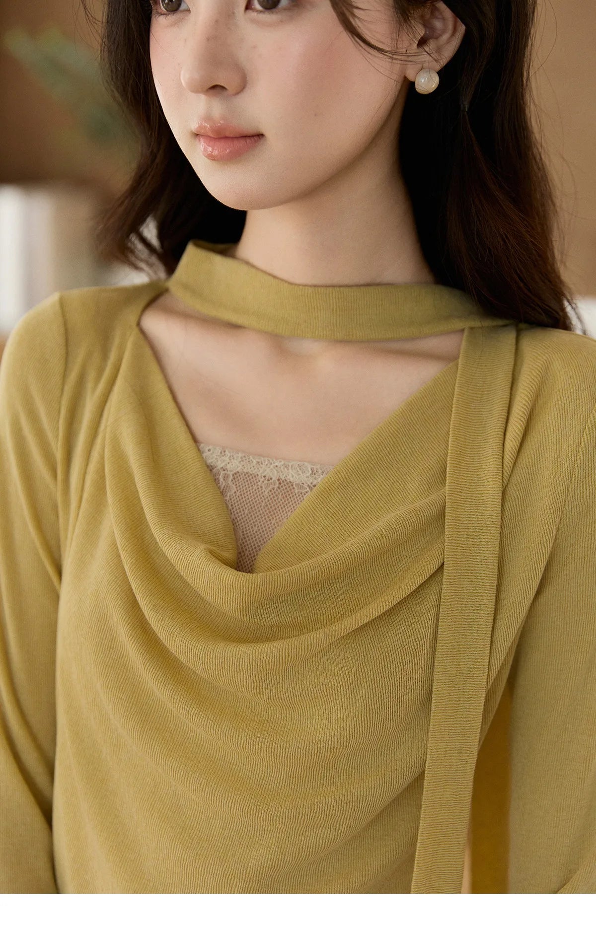 Mishow Yellow Lace Splicing Ribbon Collar Top MXF108Z1030