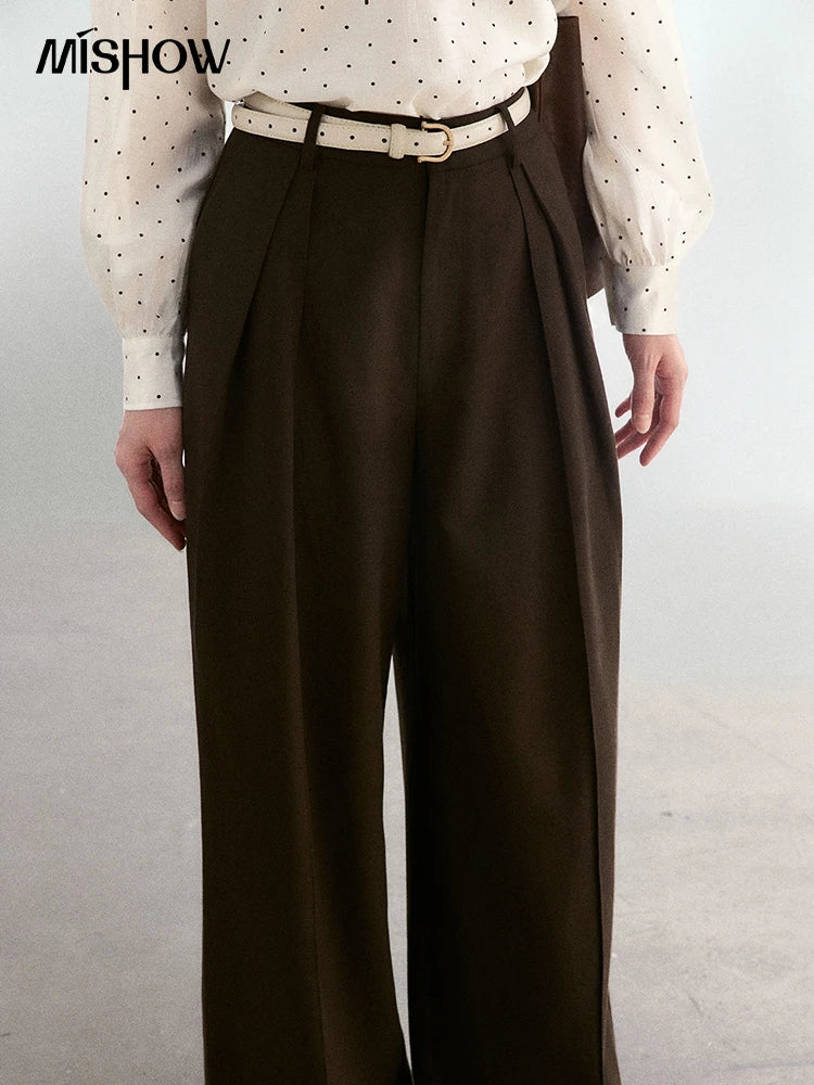 MISHOW Dark Brown Wide Leg Pants High Waist Pleated Elastic MXF108K1010