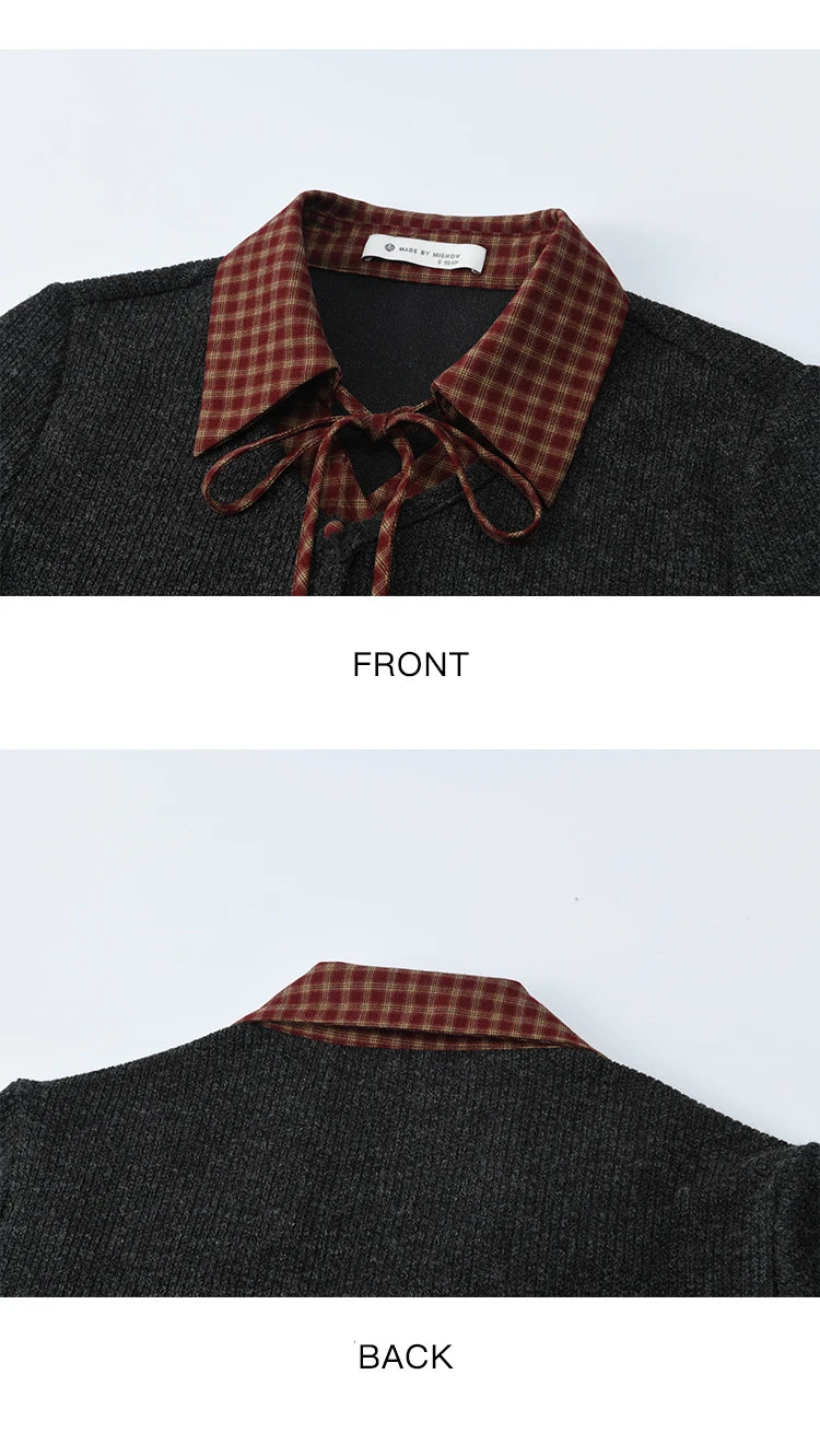 MISHOW Fake Two Knitted Sweater Plaid Splicing Flare Sleeve MXE45Z1401