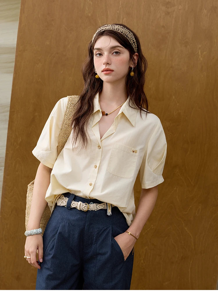 MISHOW French Turn-Down Collar Short Sleeve Solid Blouse MXE33C0778