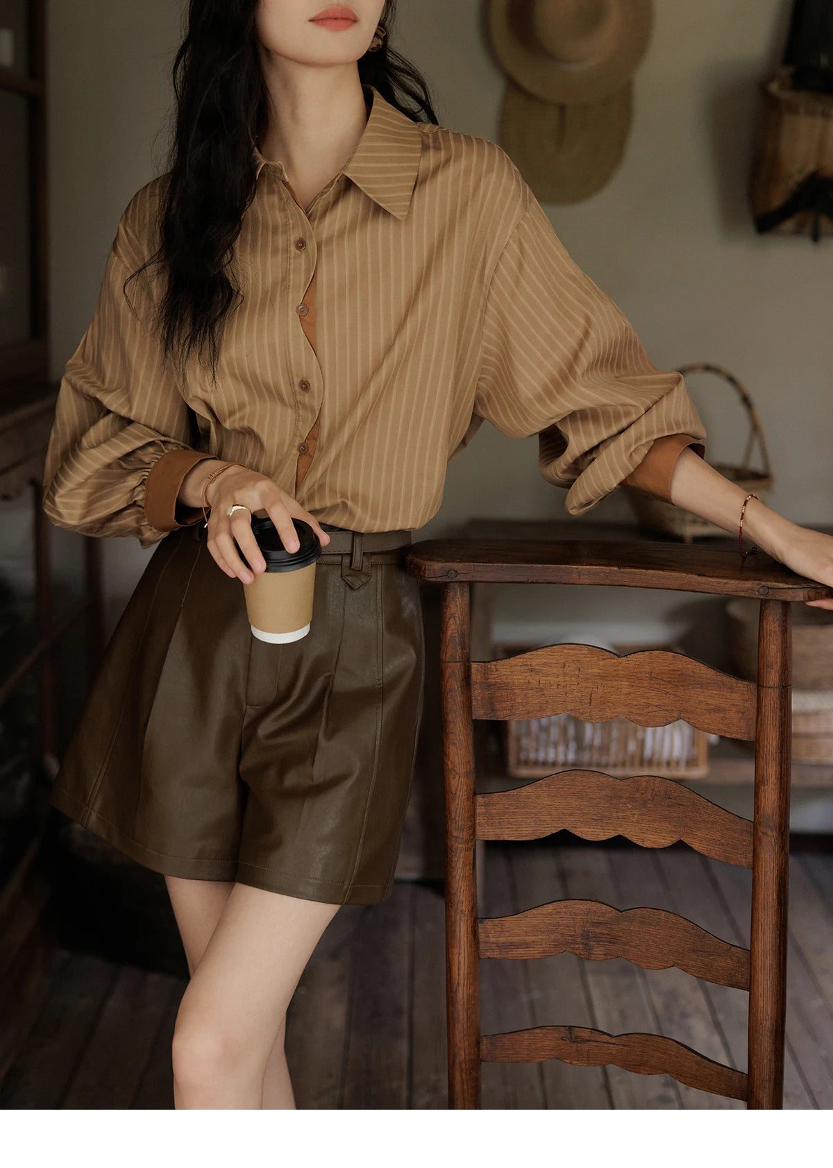 MISHOW Women's Striped Casual Shirt Retro Lapel Contrasting Cuffs MXD42C0301