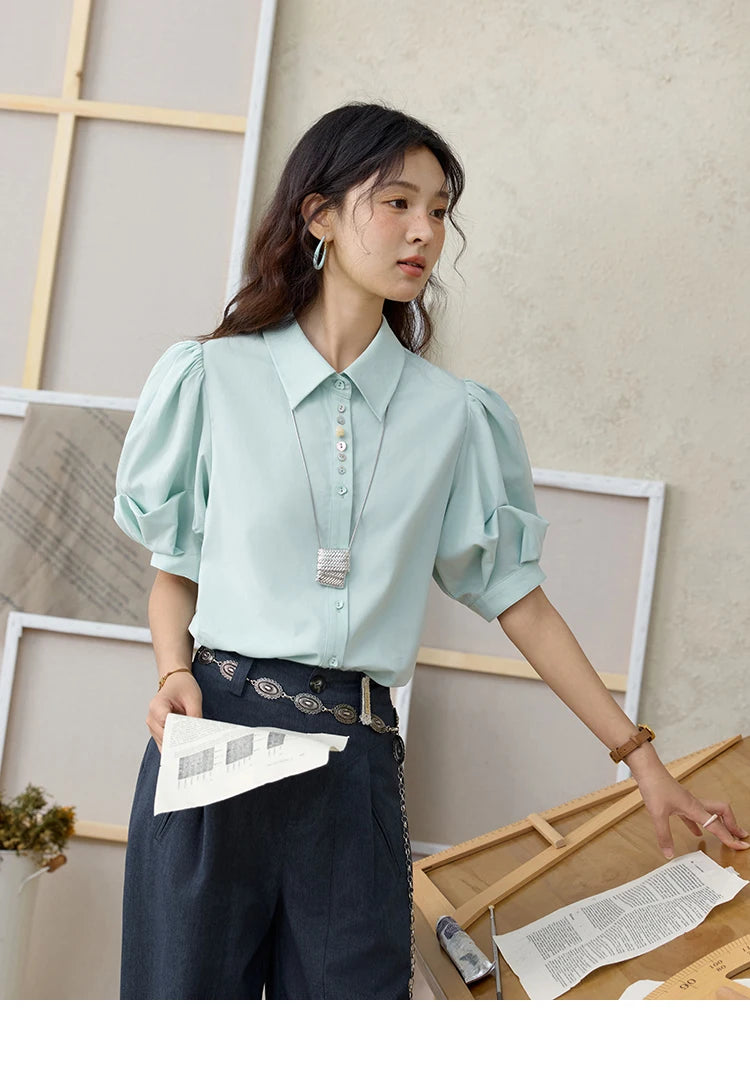 MISHOW Light Green Bubble Sleeve Shirt Lapel Collar Irregular Buttons MXE34C0788
