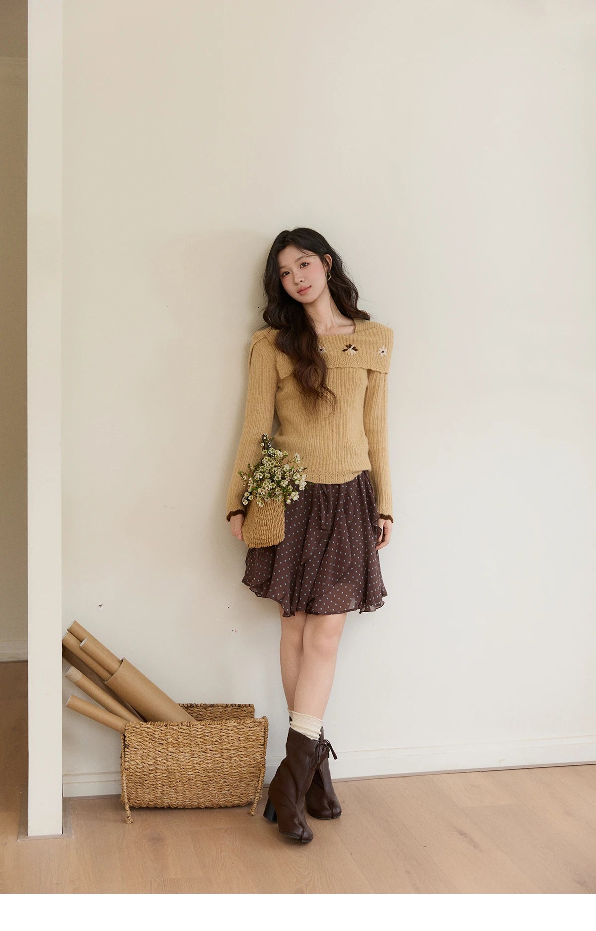 Mishow Yellow One Shoulder Floral Ribbed Sweater MXF11Z2894