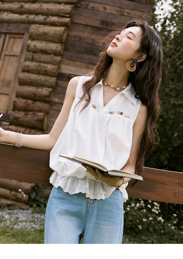 MISHOW Sleeveless Blouse Turn-Down Collar Hollow Lace MXE31X1760