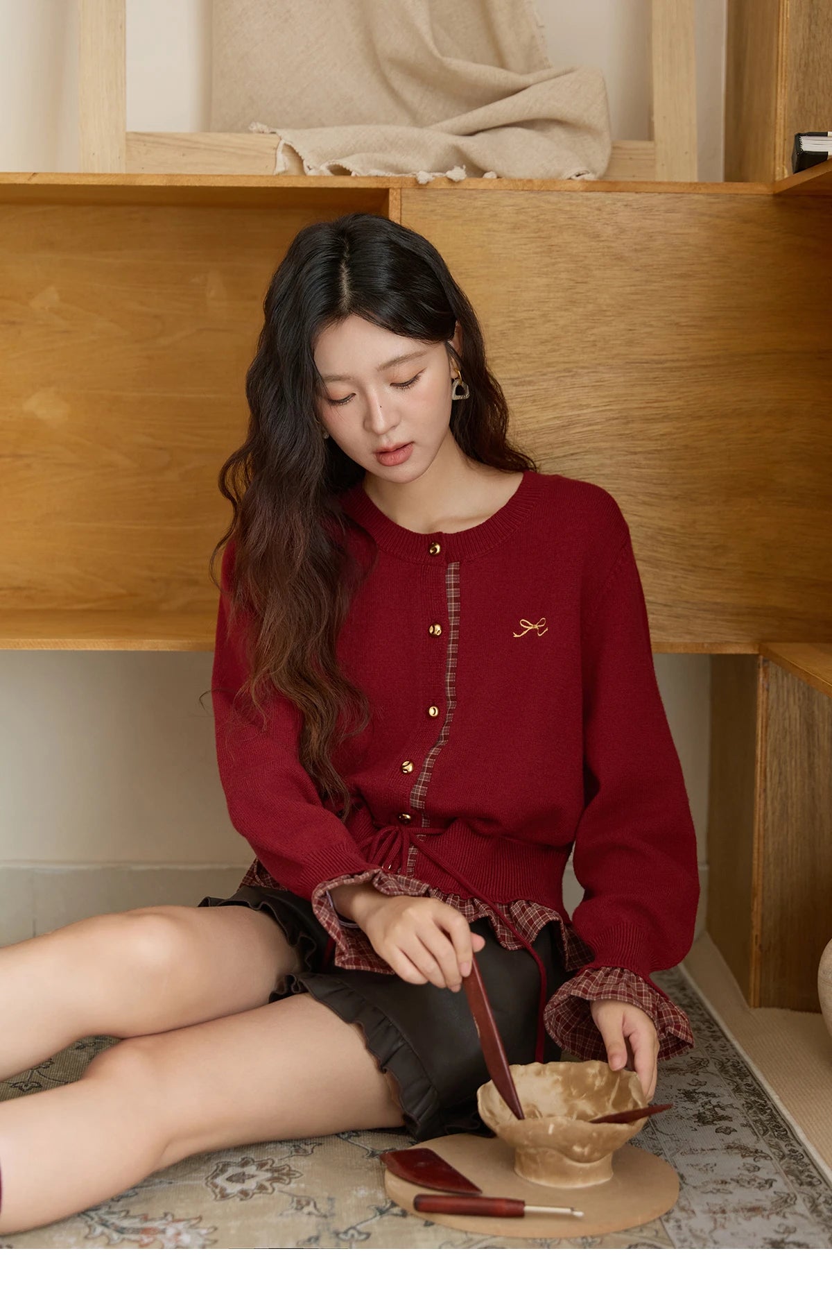 Mishow Red Fake Two-Piece Plaid Patchwork Cardigan MXE45Z2483