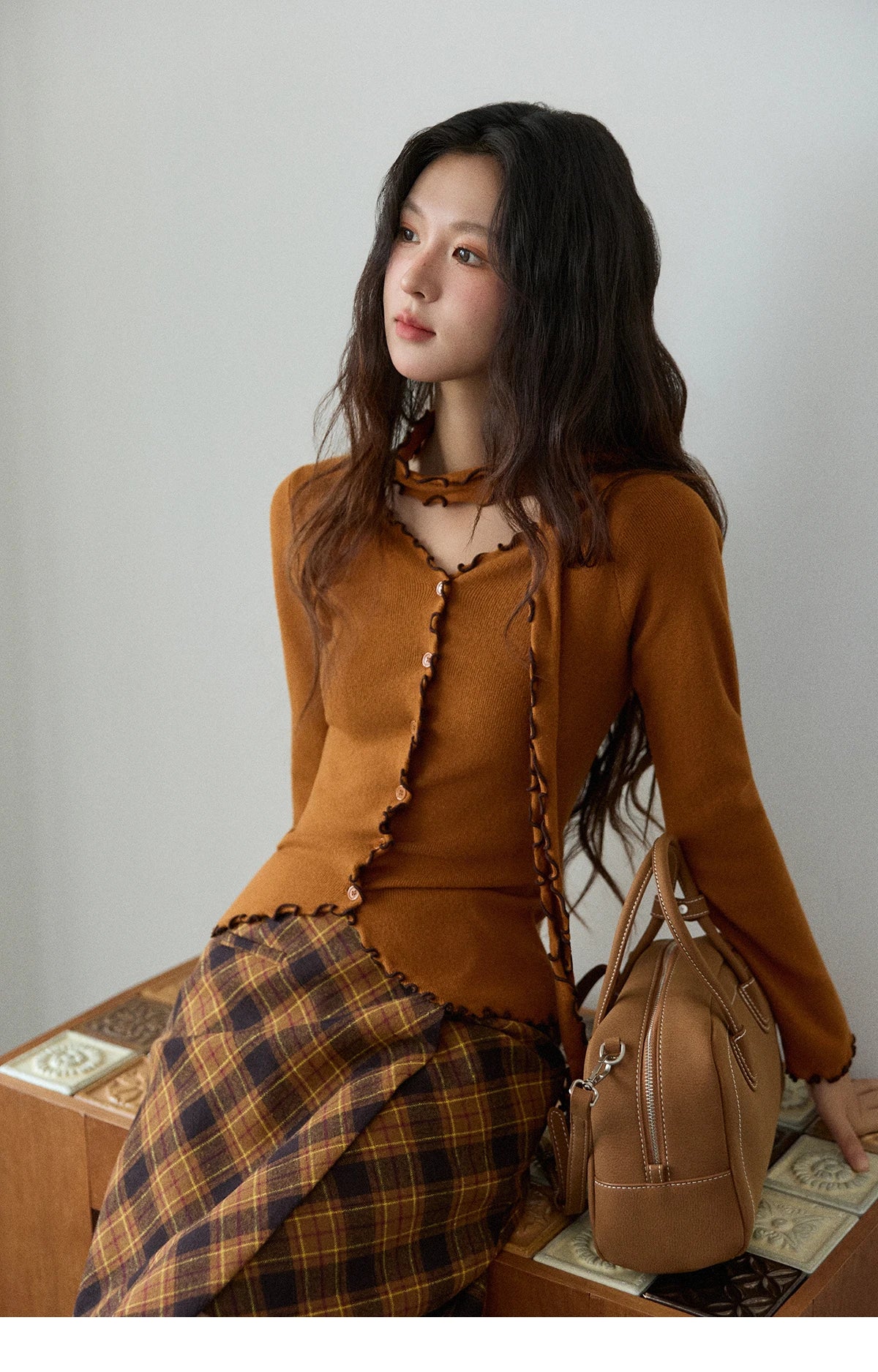 Mishow Ruffled Edge V-Neck Ribbon Knit Pullover MXE86Z2728