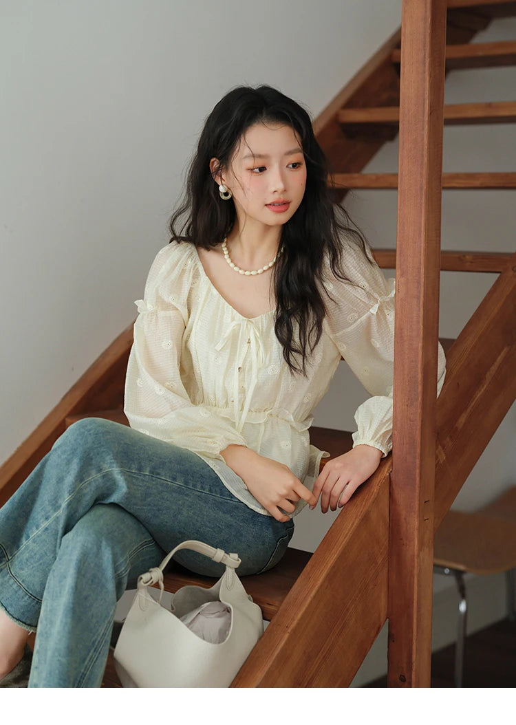 MISHOW Cashew Flower Embroidered Blouse V-Neck Lace Up Puff Sleeve MXE41X1945